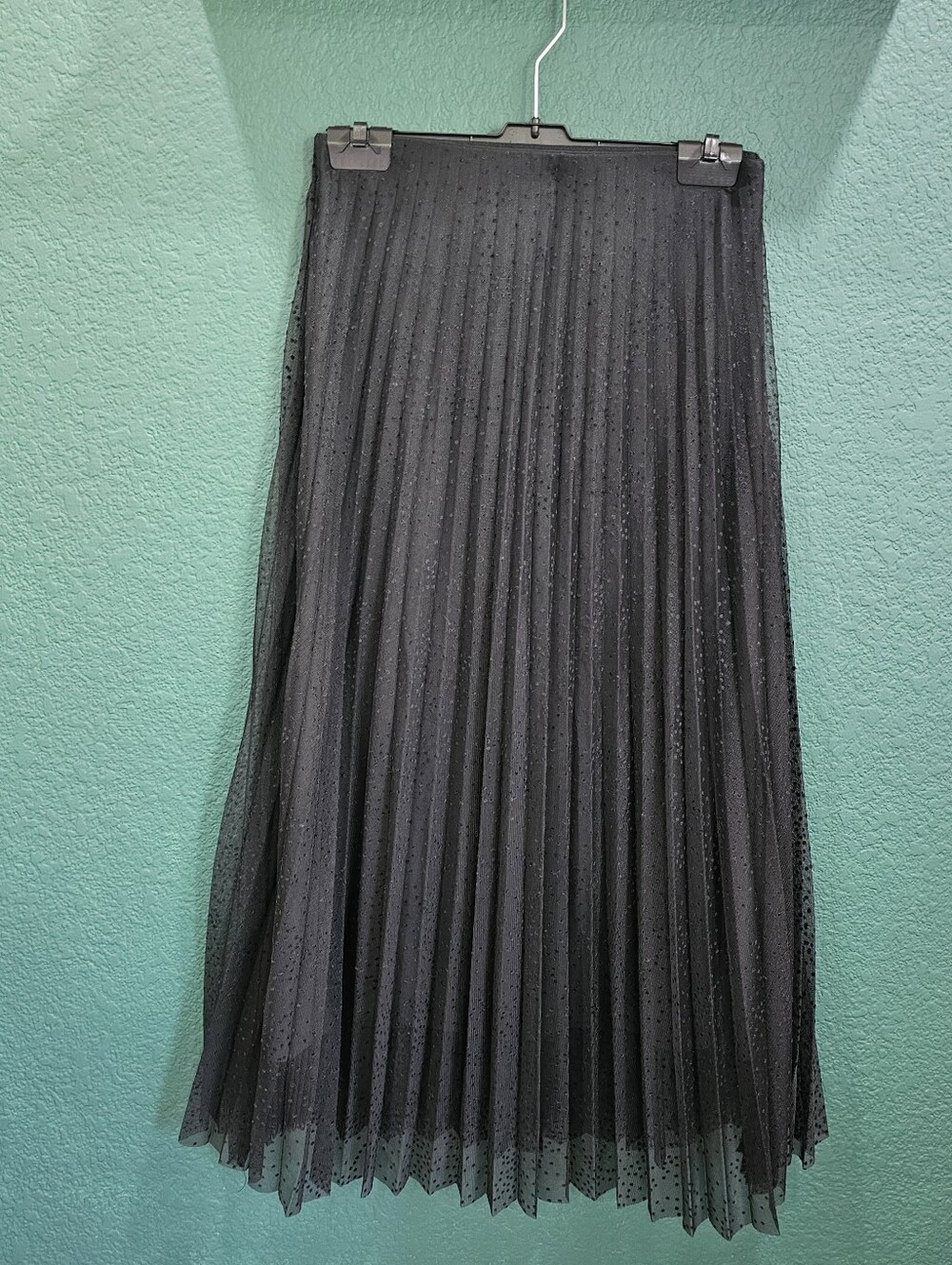 Zara Black Midi Pleated Skirt with Sheer Dot Overlay XS